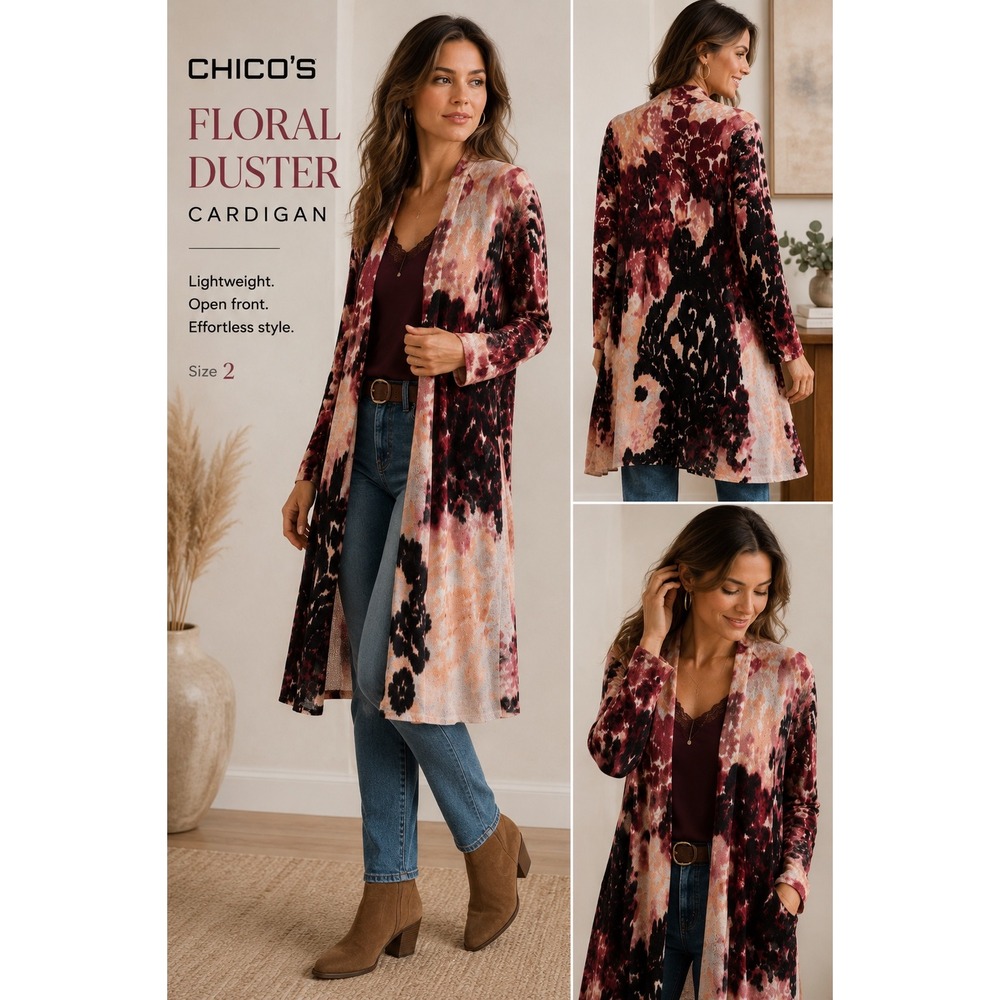 Chico's Floral Duster Cardigan Boho Lagenlook Open Front Long Sweater Watercolor